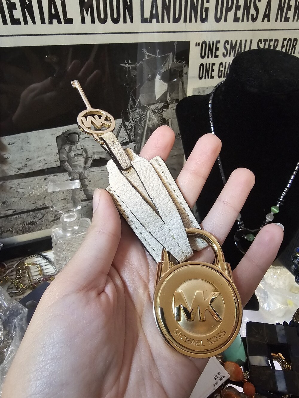 Michael Kors Gold and Cream MK Padlock Key Charm with Tassel